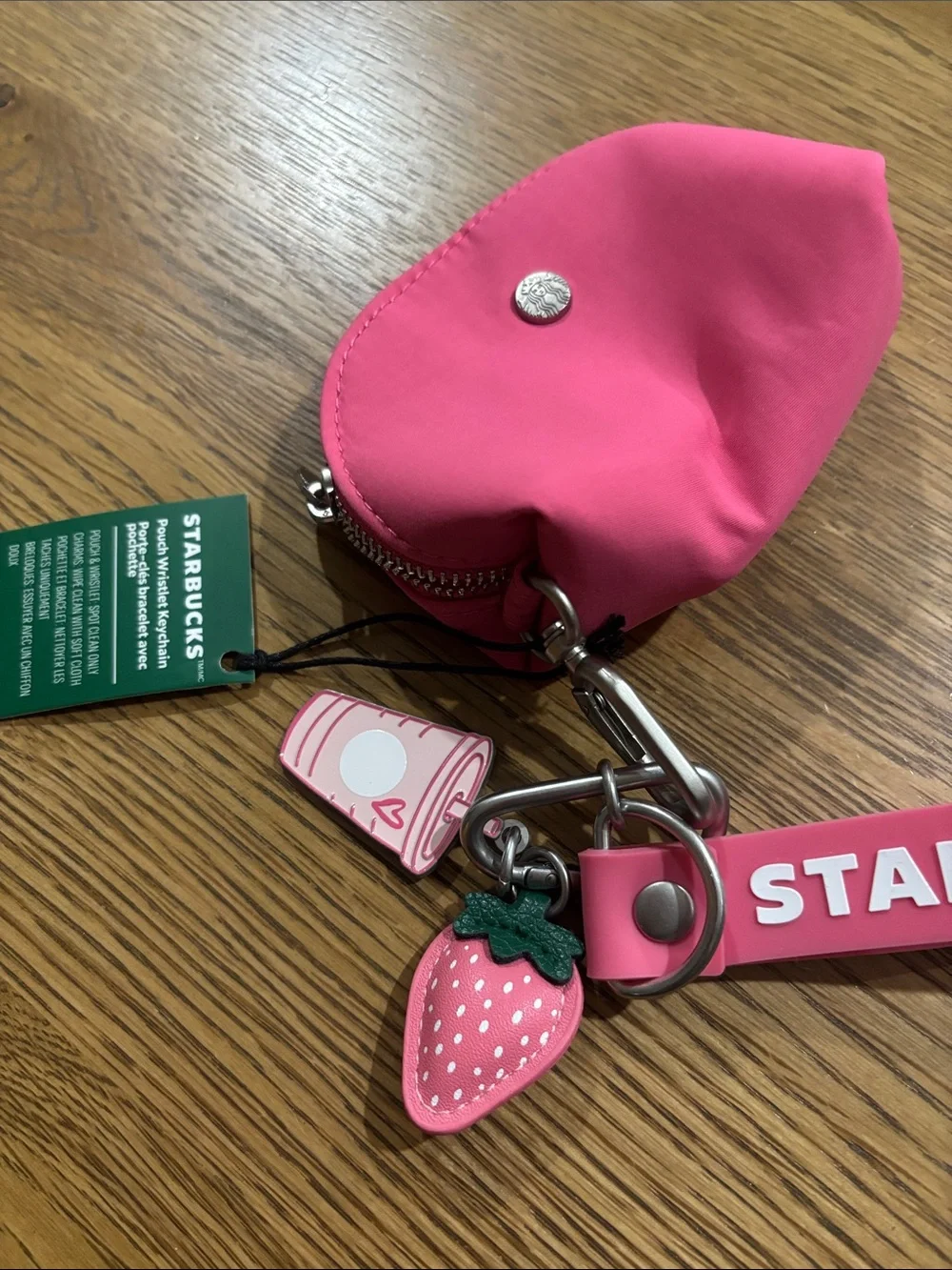 Starbucks Hot Pink Coin Pouch Keychain with Strawberry & Cup Charms